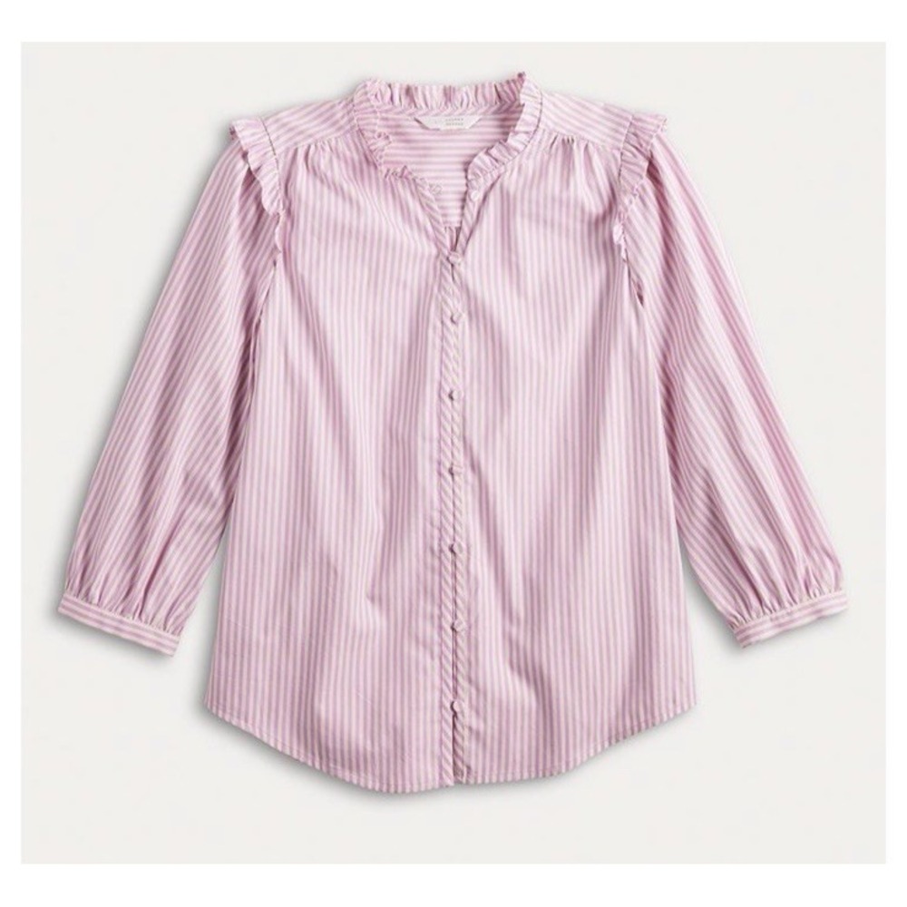 LC Lauren‎ Conrad Blouse Sz 2X Balloon Sleeve Ruffle Cottagecore Purple Stripe